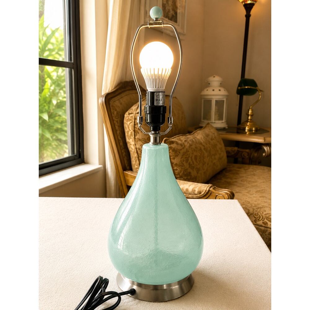 contemporary teardrop crackle glass table lamp aqua-tinted glass body